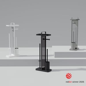 Ovimar 4-v-1 WC súprava, strieborná – Silikónová WC kefa, držiak na toaletný papier, držiak na náhradné rolky a polička na telefón, nehrdzavejúca oceľ, Red Dot
