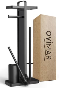 Set WC 4-în-1 Ovimar, Argintiu – Perie de toaletă din silicon, suport pentru hârtie igienică, suport pentru rolă de rezervă și tavă pentru telefon, oțel inoxidabil, Red Do 1