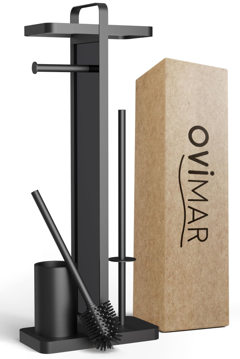 Set WC 4-în-1 Ovimar, Argintiu – Perie de toaletă din silicon, suport pentru hârtie igienică, suport pentru rolă de rezervă și tavă pentru telefon, oțel inoxidabil, Red Do