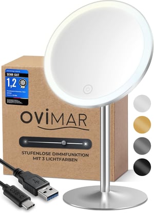 Oglindă cosmetică Ovimar Bogo argintie cu iluminare încorporată, reîncărcabilă, oglindă de machiaj cu picior și mărire 5x, rotativă la 360 de grade pentru baie