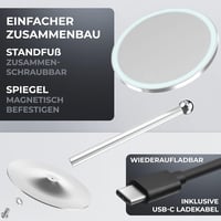 Oglindă cosmetică Ovimar Bogo argintie cu iluminare încorporată, reîncărcabilă, oglindă de machiaj cu picior și mărire 5x, rotativă la 360 de grade pentru baie 7