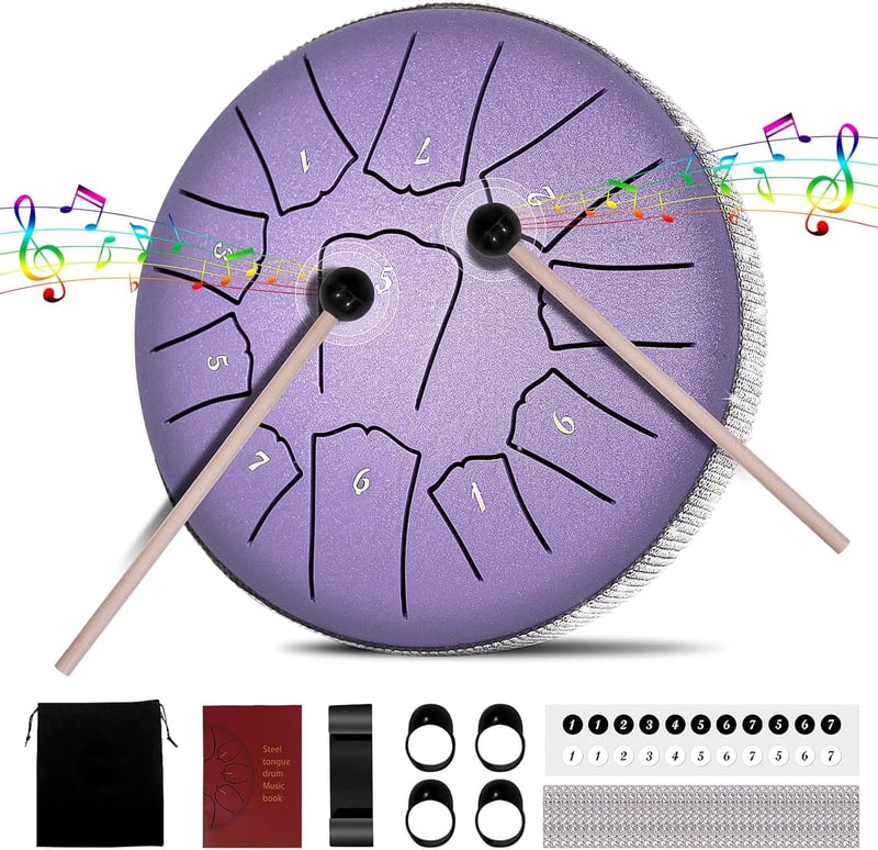 Ovissol Tongue Drum 15 cm 11 Hangú D-dúr Handpan Dob Készlet Kezdőknek - Meditációhoz, Jógához, Hangterápiához - Levendula Lila