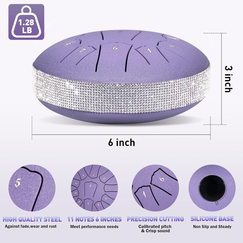 Ovissol Tongue Drum 15 cm 11 Hangú D-dúr Handpan Dob Készlet Kezdőknek - Meditációhoz, Jógához, Hangterápiához - Levendula Lila