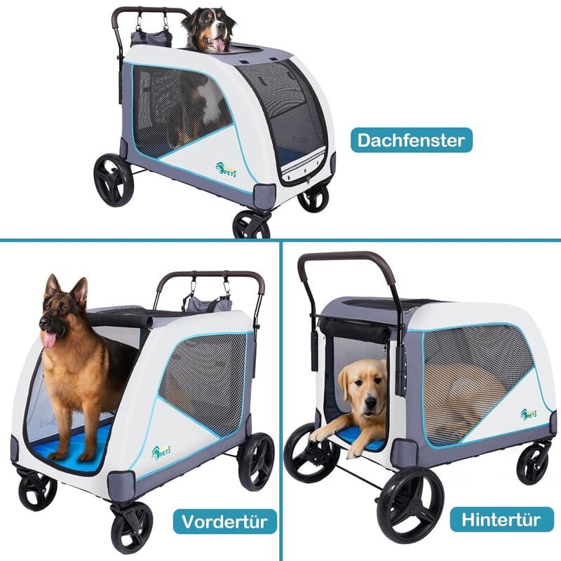 Ownpets Extra Nagy Kutyakocsi 70 kg-ig, Kék-Fehér, Összecsukható, Tárolótáskával, Állítható Fogantyúval, Gumikerekes