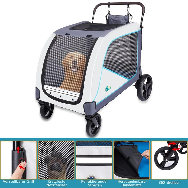 Ownpets Extra Nagy Kutyakocsi 70 kg-ig, Kék-Fehér, Összecsukható, Tárolótáskával, Állítható Fogantyúval, Gumikerekes