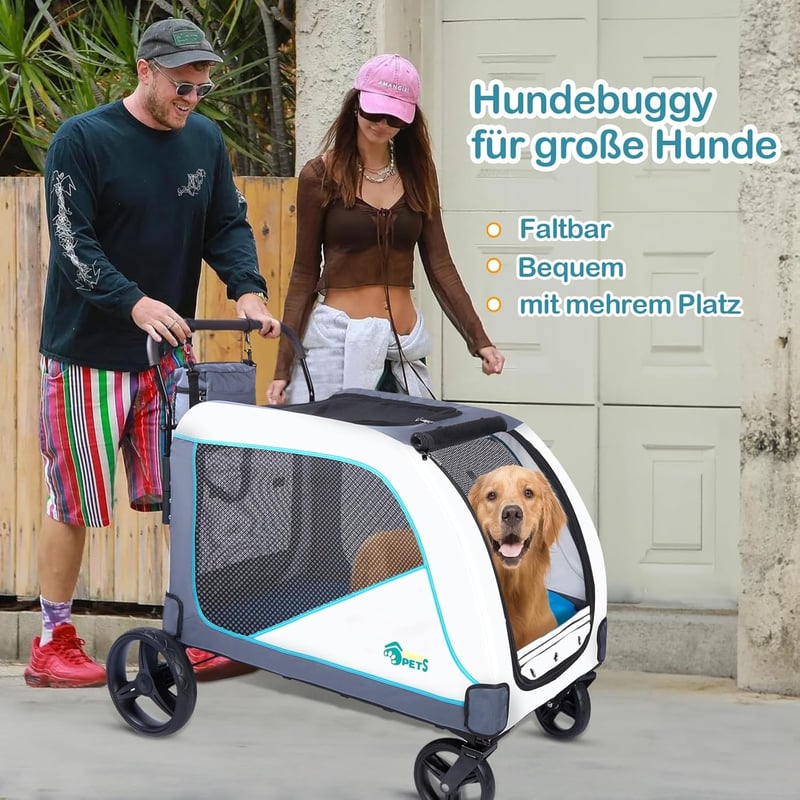 Ownpets Extra Nagy Kutyakocsi 70 kg-ig, Kék-Fehér, Összecsukható, Tárolótáskával, Állítható Fogantyúval, Gumikerekes