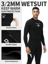 Pánsky neoprénový oblek Owntop 3/2 mm, veľkosť XL, čierny, zips vpredu, dlhý, na surfovanie a potápanie 3