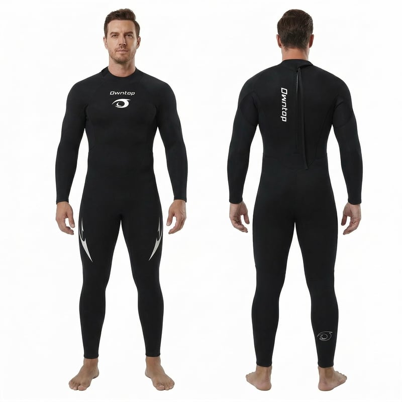Pánsky neoprénový oblek Owntop 3/2 mm, veľkosť XL, čierny, zips vpredu, dlhý, na surfovanie a potápanie