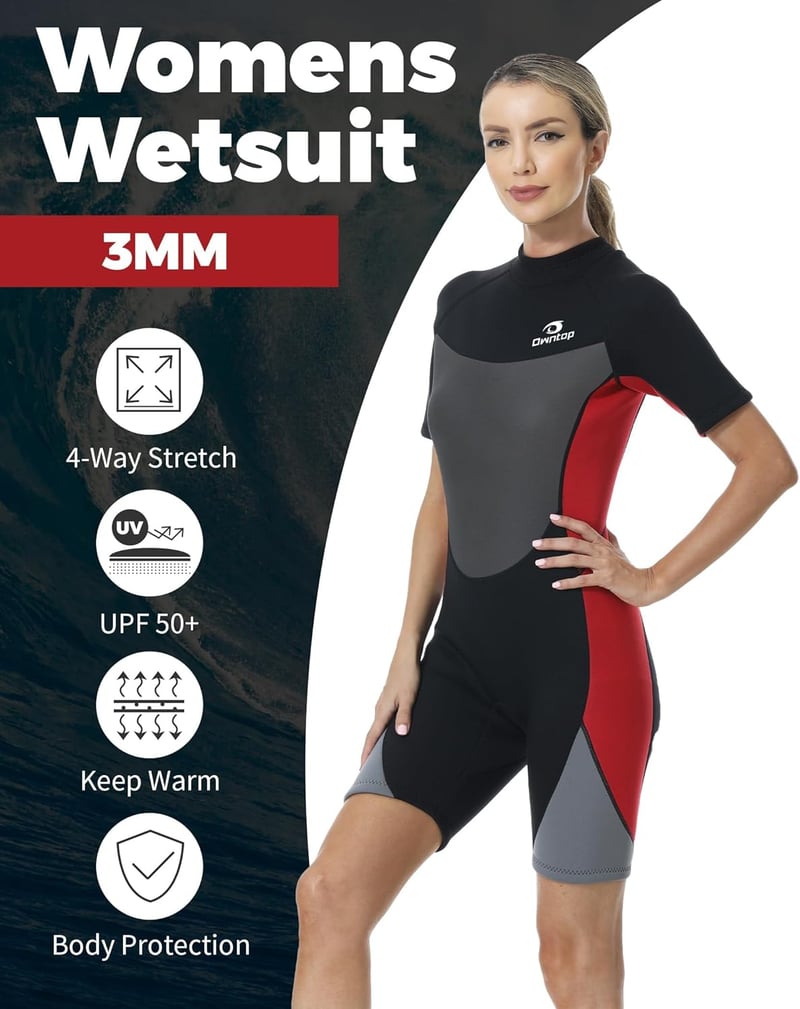 Owntop 3/2mm Neoprén Wetsuit Férfi és Női Búvárkodáshoz, Szörfözéshez - L, Women Red