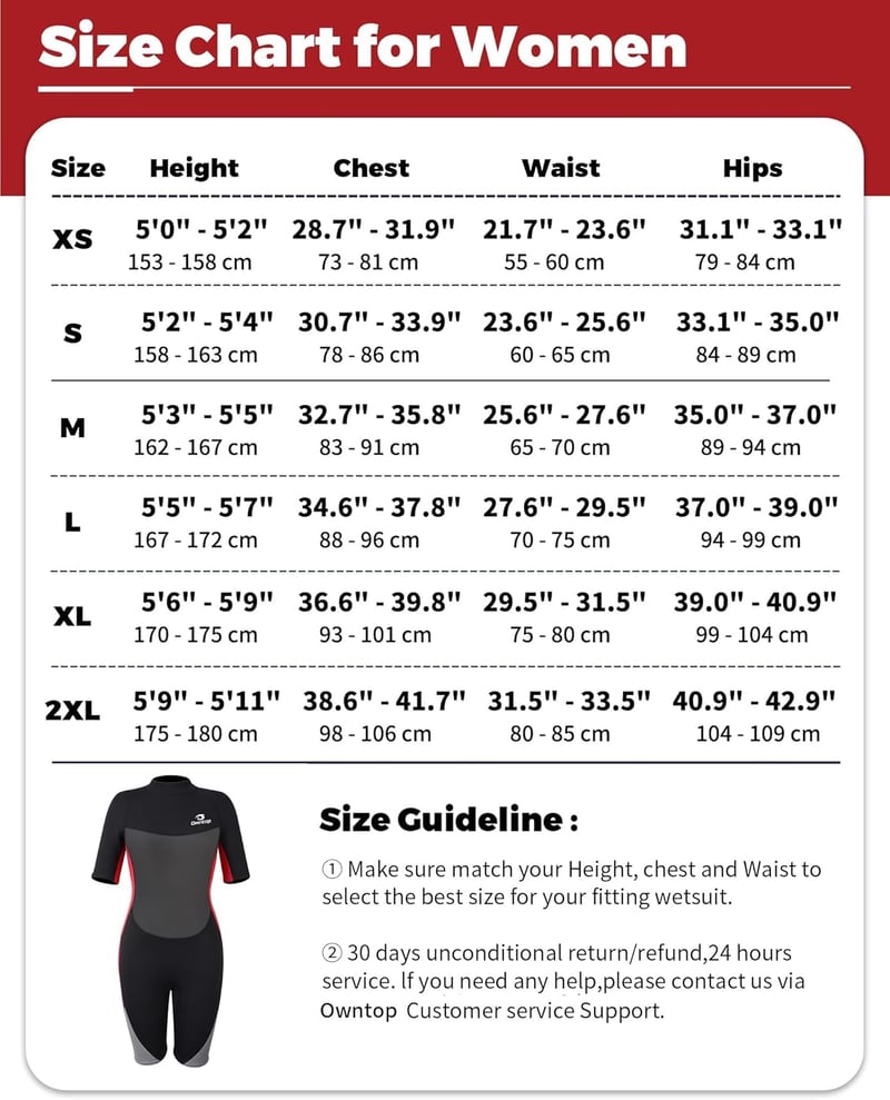 Owntop 3/2mm Neoprén Wetsuit Férfi és Női Búvárkodáshoz, Szörfözéshez - L, Women Red