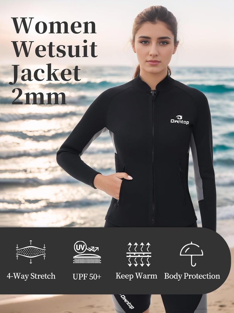 Owntop Neoprén Wetsuit Felső Férfi Női 2mm Hosszú Ujjú Elülső Zippes - L, Women's Grey
