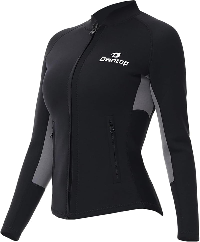 Owntop Neoprén Wetsuit Felső Férfi Női 2mm Hosszú Ujjú Elülső Zippes - L, Women's Grey