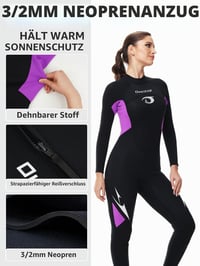 Dámsky celotelový neoprénový oblek Owntop 3/2 mm, ultra-elastický zimný surfový oblek s dlhým rukávom, zapínanie na zips vzadu, fialový, veľkosť 3XL 3