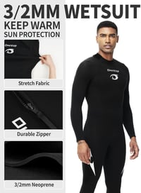 Owntop Unisex Neoprén Búvárruha 3/2 mm - Teljes Testű Vízálló Ruha Szörfözéshez, Úszáshoz, Búvárkodáshoz - Nyúlékony, Cipzáras, Fekete 3