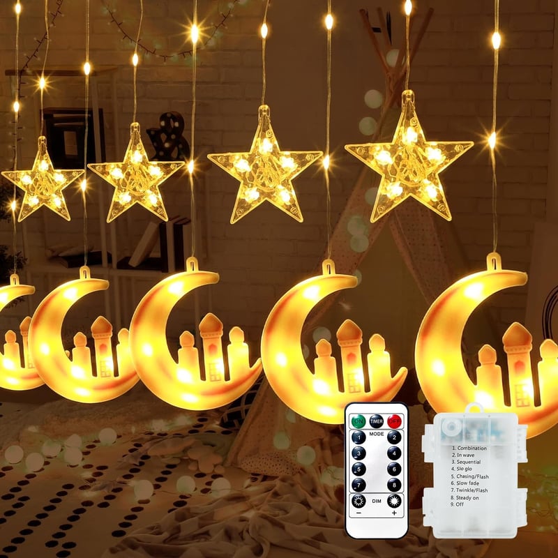 OWOAOOwl 90 LED Ramadán Fényfüzér Csillag Hold Távirányítóval 8 Mód