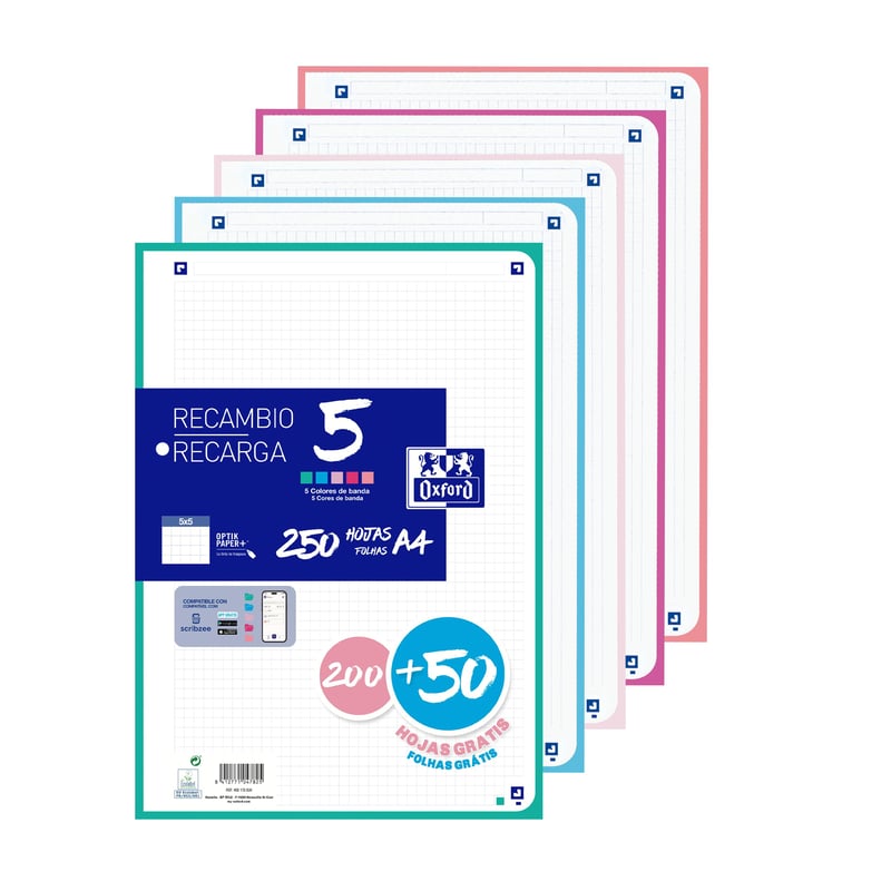 Oxford A4 papir s kvadratićima, perforirani, 5x5 mreža, 4 rupe - pastelni - 250 listova