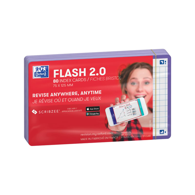 Oxford Flash 2.0 kartičky A7, 75 x 125 mm, štvorčekované, fialový rám, 80 listov, študijné kartičky