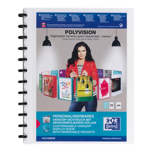 Dosar cu inele Oxford Polyvision A4 cu 20 de folii transparente și sistem Vario-Zip, mapă de prezentare albă