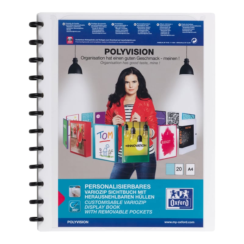 Dosar cu inele Oxford Polyvision A4 cu 20 de folii transparente și sistem Vario-Zip, mapă de prezentare albă