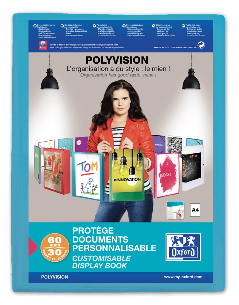 Dosar cu șină Oxford Polyvision A4, 30 de buzunare, 60 de pagini, copertă din polipropilenă, albastru