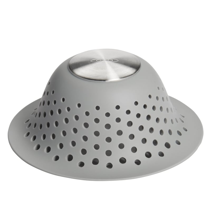 Silikónové sitko do odtoku OXO Good Grips – zachytávač vlasov pre výsuvné a klasické odtoky, sivé, 11,4 cm