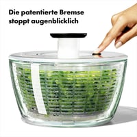 Sklenená odstredivka na šalát OXO Good Grips 5,9 l – pumpovanie jednou rukou, integrovaná brzda, kôš využiteľný aj ako cedidlo 4
