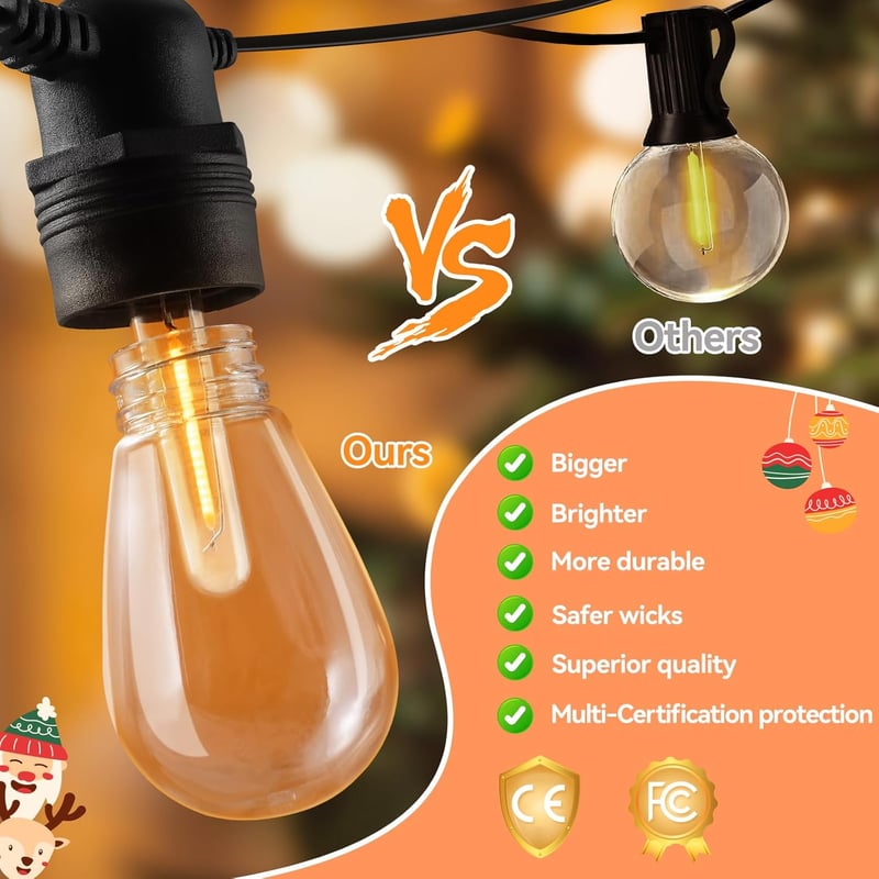 OxyLED 16m Kültéri Fényfüzér 16 LED Izzóval IP65 Vízálló Kerti Dekoráció