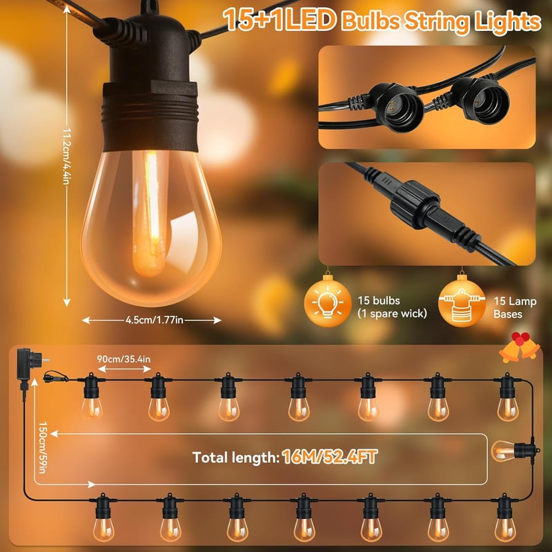OxyLED 16m Kültéri Fényfüzér 16 LED Izzóval IP65 Vízálló Kerti Dekoráció