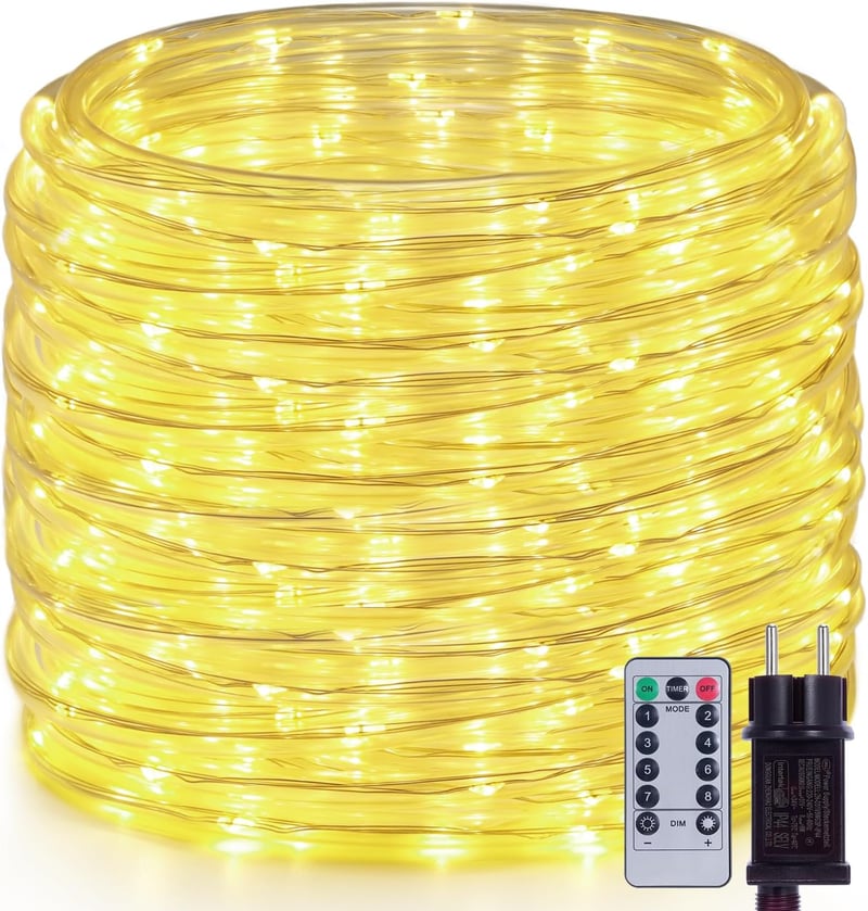 OxyLED Fénykábel 20m - 300 LED Meleg Fehér Kültéri-Beltéri Világítás IP44 Vízálló, 7 Üzemmód, Időzítővel, Kerthez, Ünnepekhez, Esküvőhöz