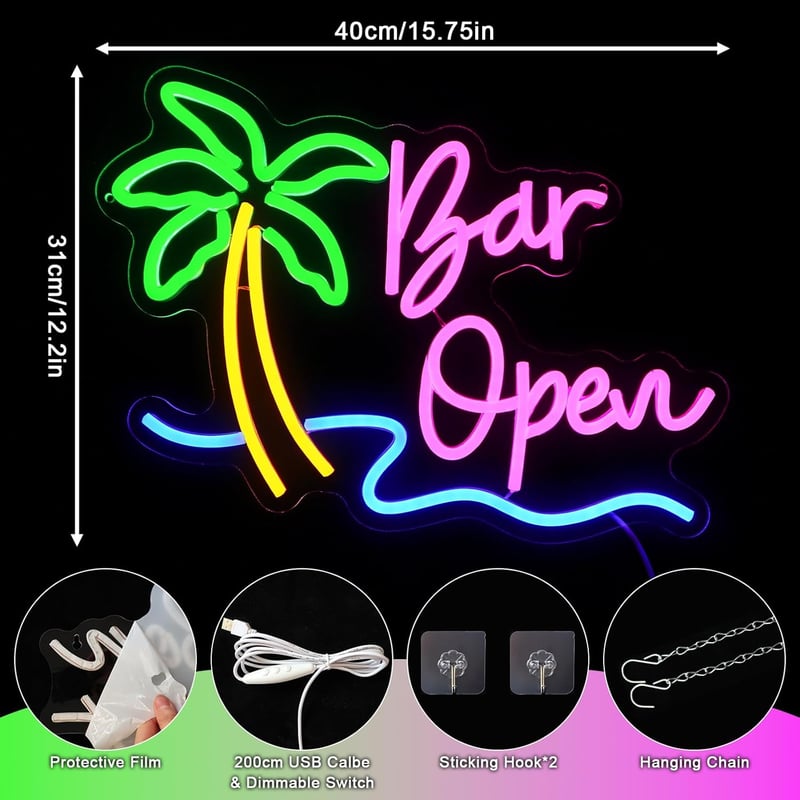 OYCGZV Pálmafás Bar Open LED Neon Fali Világítás - Dekoratív Fényreklám Bárba, Kávézóba, Otthoni Pubba, Nyári Parti Dekorációhoz, 40x31 cm
