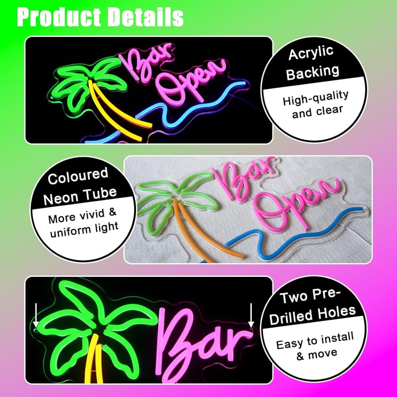 OYCGZV Pálmafás Bar Open LED Neon Fali Világítás - Dekoratív Fényreklám Bárba, Kávézóba, Otthoni Pubba, Nyári Parti Dekorációhoz, 40x31 cm
