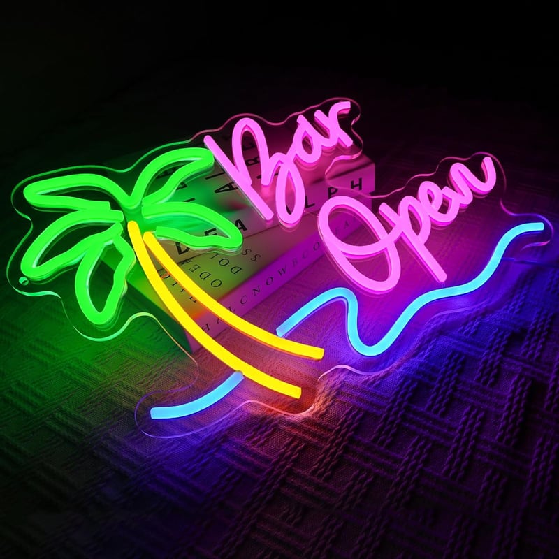 OYCGZV Pálmafás Bar Open LED Neon Fali Világítás - Dekoratív Fényreklám Bárba, Kávézóba, Otthoni Pubba, Nyári Parti Dekorációhoz, 40x31 cm