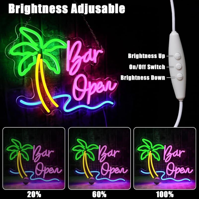 OYCGZV Pálmafás Bar Open LED Neon Fali Világítás - Dekoratív Fényreklám Bárba, Kávézóba, Otthoni Pubba, Nyári Parti Dekorációhoz, 40x31 cm