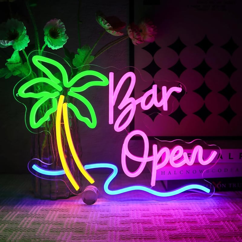 OYCGZV Pálmafás Bar Open LED Neon Fali Világítás - Dekoratív Fényreklám Bárba, Kávézóba, Otthoni Pubba, Nyári Parti Dekorációhoz, 40x31 cm