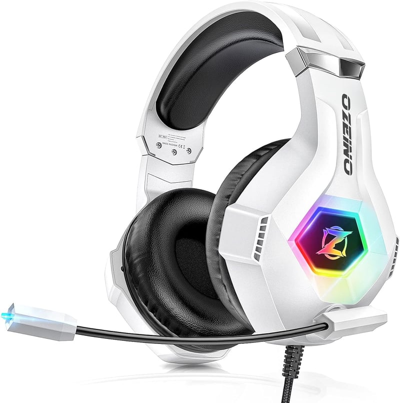 Căști de gaming Ozeino compatibile cu PS4, PS5, PC și Xbox 360, cu microfon, anulare a zgomotului, sunet surround 3D și iluminare RGB pentru gameri