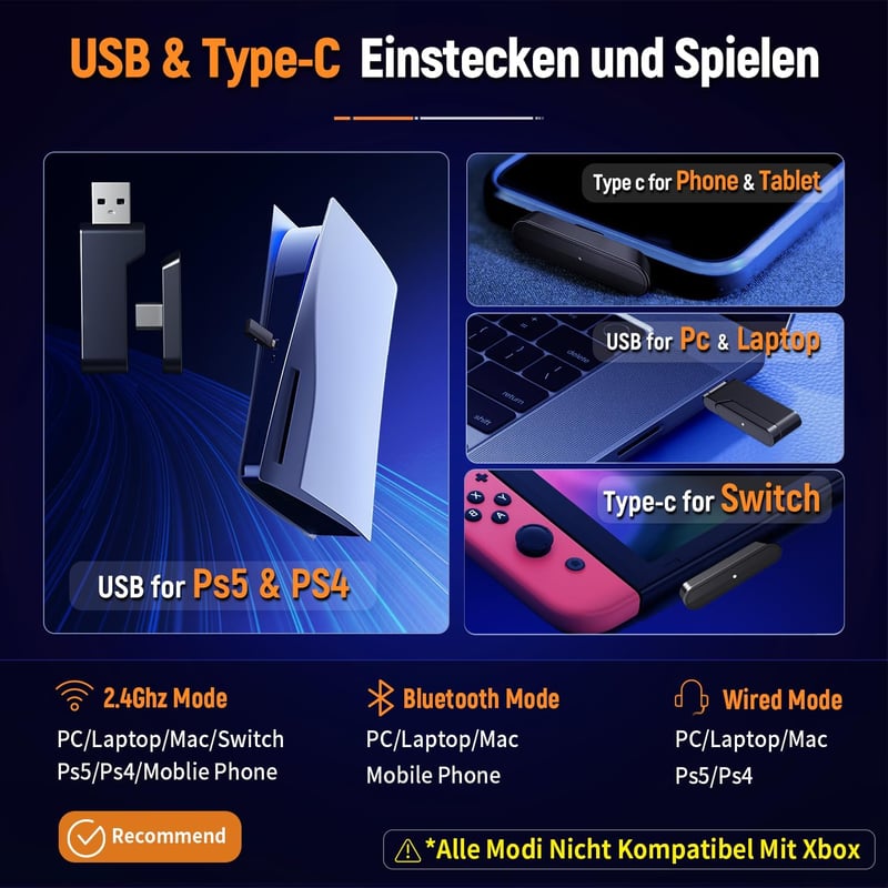 Ozeino OW810 Vezeték Nélküli Gamer Fejhallgató 40 Órás Akkumulátorral, 7.1 Térhatású Hanggal, Mikrofonnal, PS5/PS4/Switch/Mac Kompatibilis