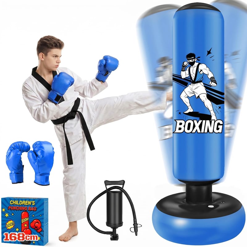 Nafukovacie stojace boxerské vrece pre deti Oziral 168 cm – s motívom bojovníka v tmavomodrej farbe, vrátane boxerských rukavíc a pumpy – na karate, taekwondo a domáci tréning