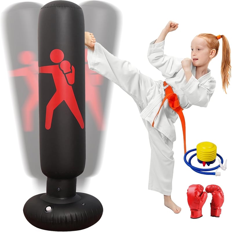 Oziral Gyerek Boxzsák 160 cm Felfújható Álló Edzőzsák Légpumpával és Kesztyűvel Karate Kickbox Edzéshez Fekete PVC