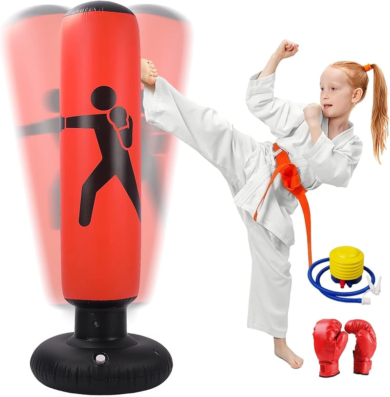 Oziral Gyerek Boxzsák 160 cm Felfújható Álló Edzőzsák Légpumpával és Kesztyűvel Karate Kickbox Edzéshez Piros-Fekete