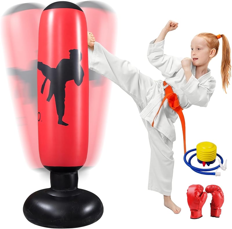 Oziral Gyerek Boxzsák 160 cm Felfújható Álló Edzőzsák Piros Légpumpával és Kesztyűvel Karate Kickbox Edzéshez