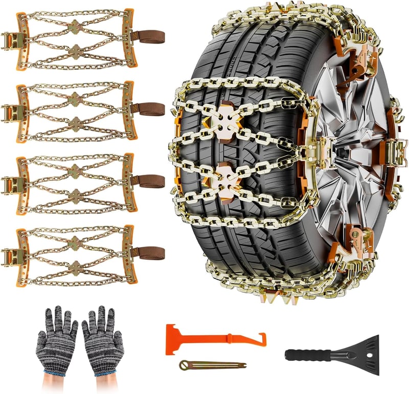 Oziral Hólánc Szett 4db - Állítható Acél Hóláncok 165-275mm Abroncsokhoz Autókhoz, Terepjárókhoz, Kisteherautókhoz - Hólapáttal és Kesztyűve