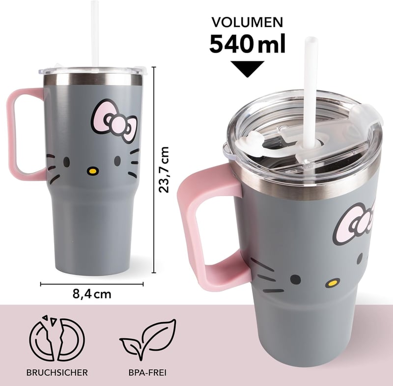 p:os Hello Kitty ivópohár fedéllel és szívószállal 540ml szürke
