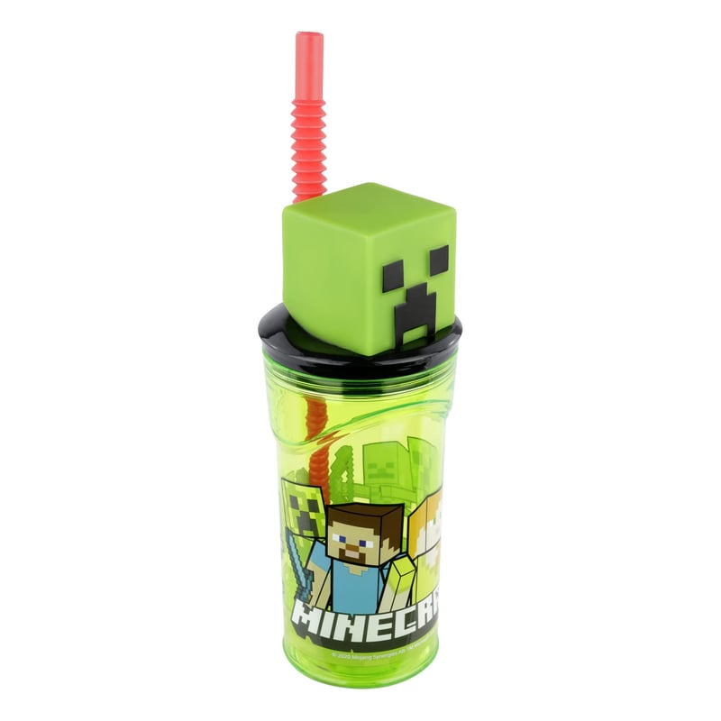 Pohár na pitie Minecraft so slamkou a 3D figúrkou, zeleno-čierny, cca 360 ml, plastový pohár s viečkom pre deti bez obsahu BPA