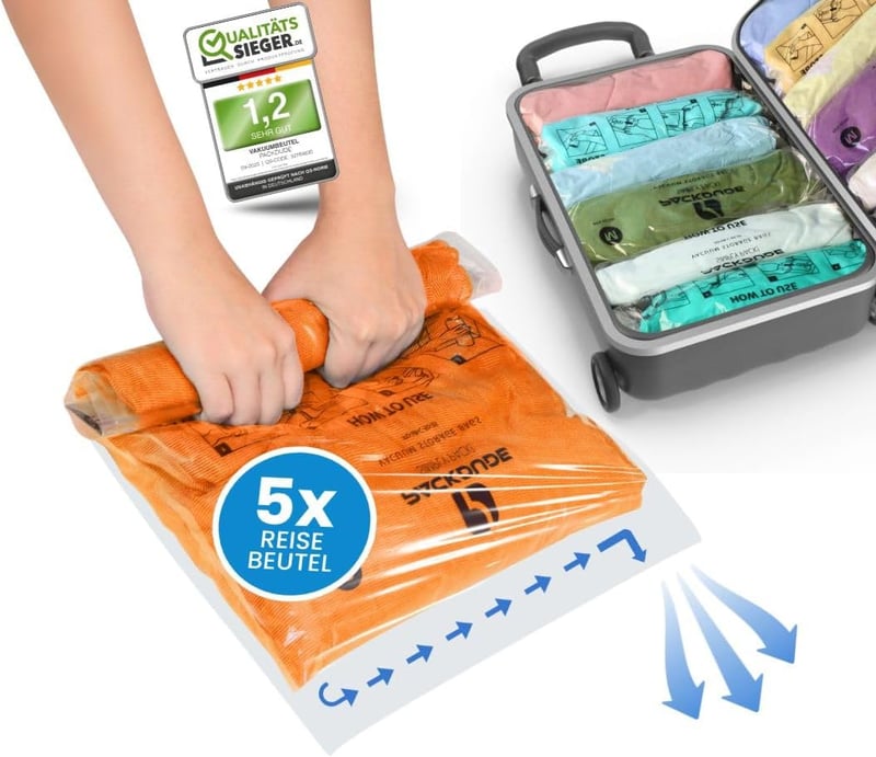 PACKDUDE Vákuumos Utazótáska Szett 5db - Hengerelhető Szelep Nélküli Ruhakompressziós Zsákok 3 Méretben - Helytakarékos Tárolás Utazáshoz, K