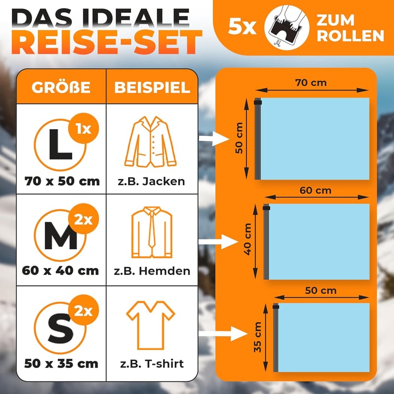 PACKDUDE Vákuumos Utazótáska Szett 5db - Hengerelhető Szelep Nélküli Ruhakompressziós Zsákok 3 Méretben - Helytakarékos Tárolás Utazáshoz, K