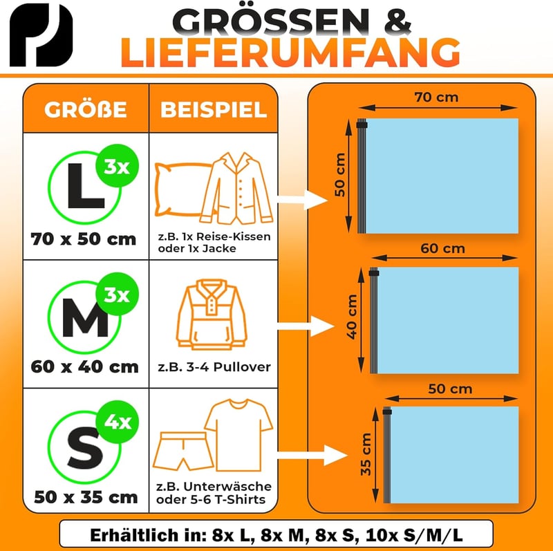 PACKDUDE Vákuumos Utazótáskák 10 db-os Szett - Hengerelhető Kompressziós Tárolózsákok Ruházathoz 3 Méretben Szelep Nélkül
