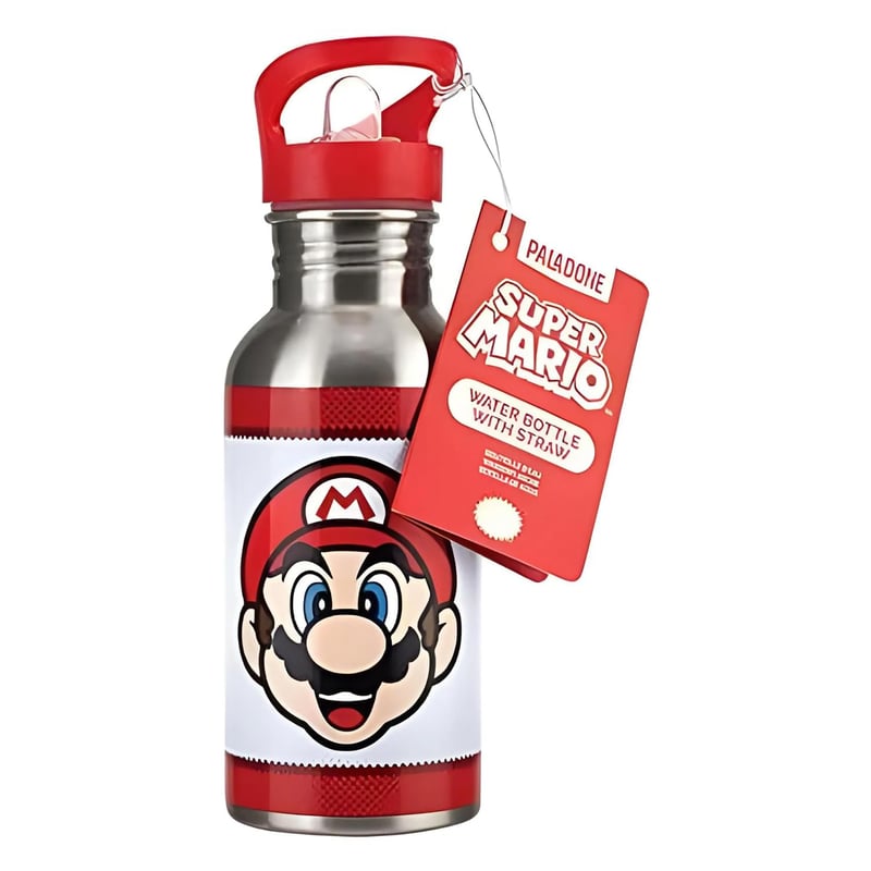 Kovová fľaša na vodu Paladone Super Mario so slamkou – Oficiálna nerezová fľaša Nintendo, retro darček pre hráčov, 450 ml