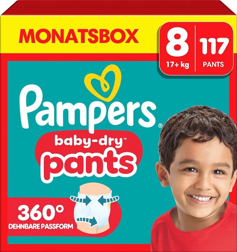 Plienkové nohavičky Pampers Baby-Dry Pants, veľkosť 8, nad 17 kg, 117 ks v balení, 360-stupňové prispôsobenie, ochrana proti pretečeniu