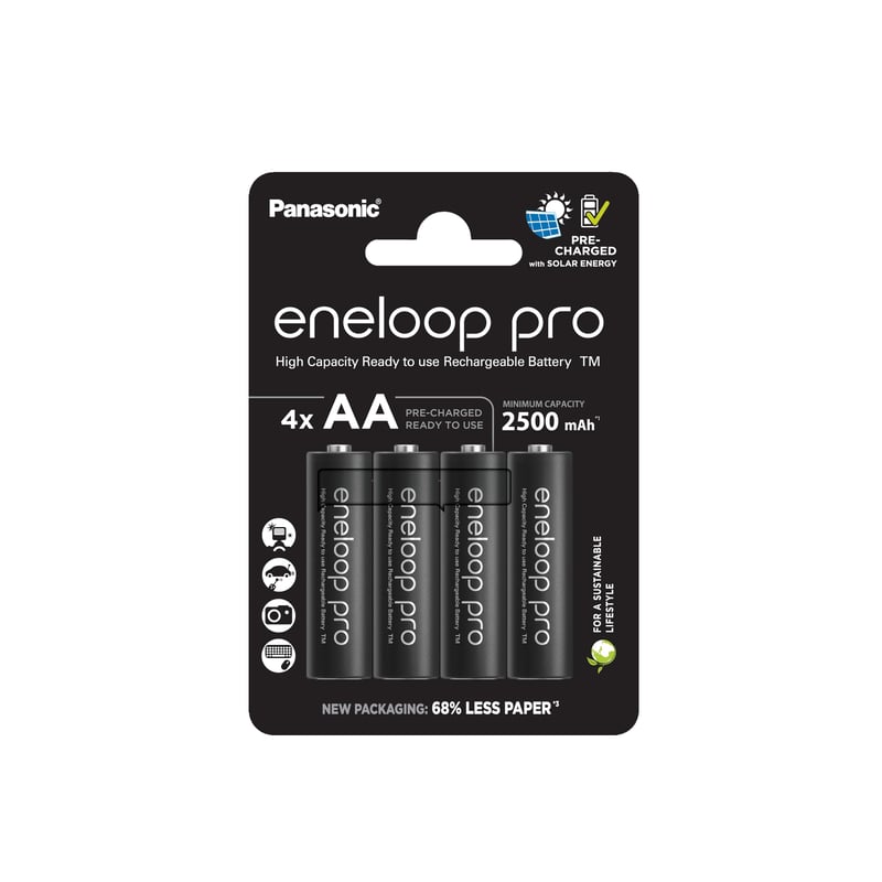 Nabíjateľné NiMH batérie Panasonic eneloop pro AA, 4 ks – 2500 mAh, 500 nabíjacích cyklov, nízke samovybíjanie, čierne