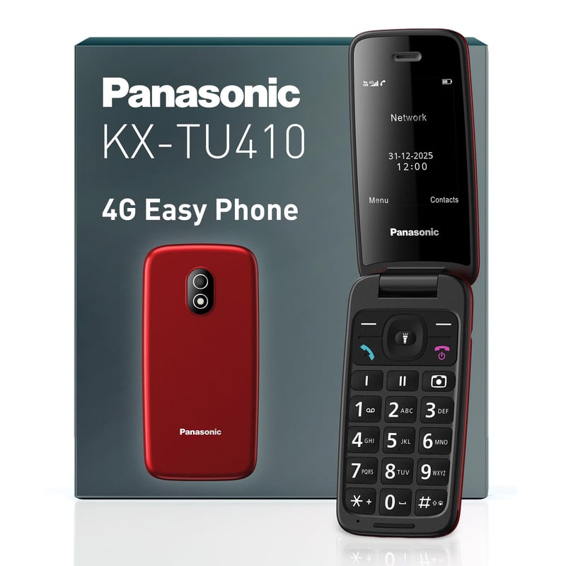 Telefon mobil cu clapetă Panasonic KX-TU410 4G, buton SOS, Bluetooth 5.0, difuzor, IP44, Roșu